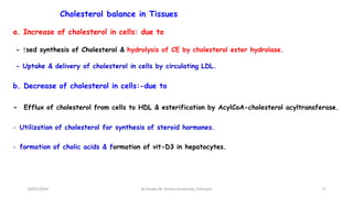 Cholesterol balance in Tissues
a. Increase of cholesterol in cells: due to
- ↑sed synthesis of Cholesterol & hydrolysis of CE by cholesterol ester hydrolase.
- Uptake & delivery of cholesterol in cells by circulating LDL.
b. Decrease of cholesterol in cells:-due to
- Efflux of cholesterol from cells to HDL & esterification by AcylCoA-cholesterol acyltransferase.
- Utilization of cholesterol for synthesis of steroid hormones.
- formation of cholic acids & formation of vit-D3 in hepatocytes.
71
18/03/2024 Dr.Tesaka W, Jimma University, Ethioipia
 