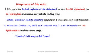 Biosynthesis of Bile Acids
1.1st step is the 7α-hydroxylation of the cholesterol to form 7α-OH cholesterol, by
7α-hydroxylase,amicrosomal enzyme(rate limiting step).
- Vitamin-C deficiency leads to cholesterol accumulation & atherosclerosis in scorbutic animals.
2. Cholic acid &Chenodeoxy cholic acid formation from 7-a-OH cholesterol by 12α-
hydroxylase & involves several steps.
Vitamin-C deficiency & Gall Stone?
75
18/03/2024 Dr.Tesaka W, Jimma University, Ethioipia
 