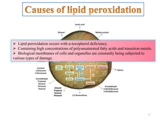 12
 Lipid peroxidation occurs with α-tocopherol deficiency.
 Containing high concentrations of polyunsaturated fatty acids and transition metals.
 Biological membranes of cells and organelles are constantly being subjected to
various types of damage.
 