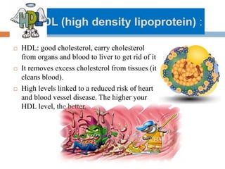 HDL (high density lipoprotein) :
 HDL: good cholesterol, carry cholesterol
from organs and blood to liver to get rid of it
 It removes excess cholesterol from tissues (it
cleans blood).
 High levels linked to a reduced risk of heart
and blood vessel disease. The higher your
HDL level, the better.
 