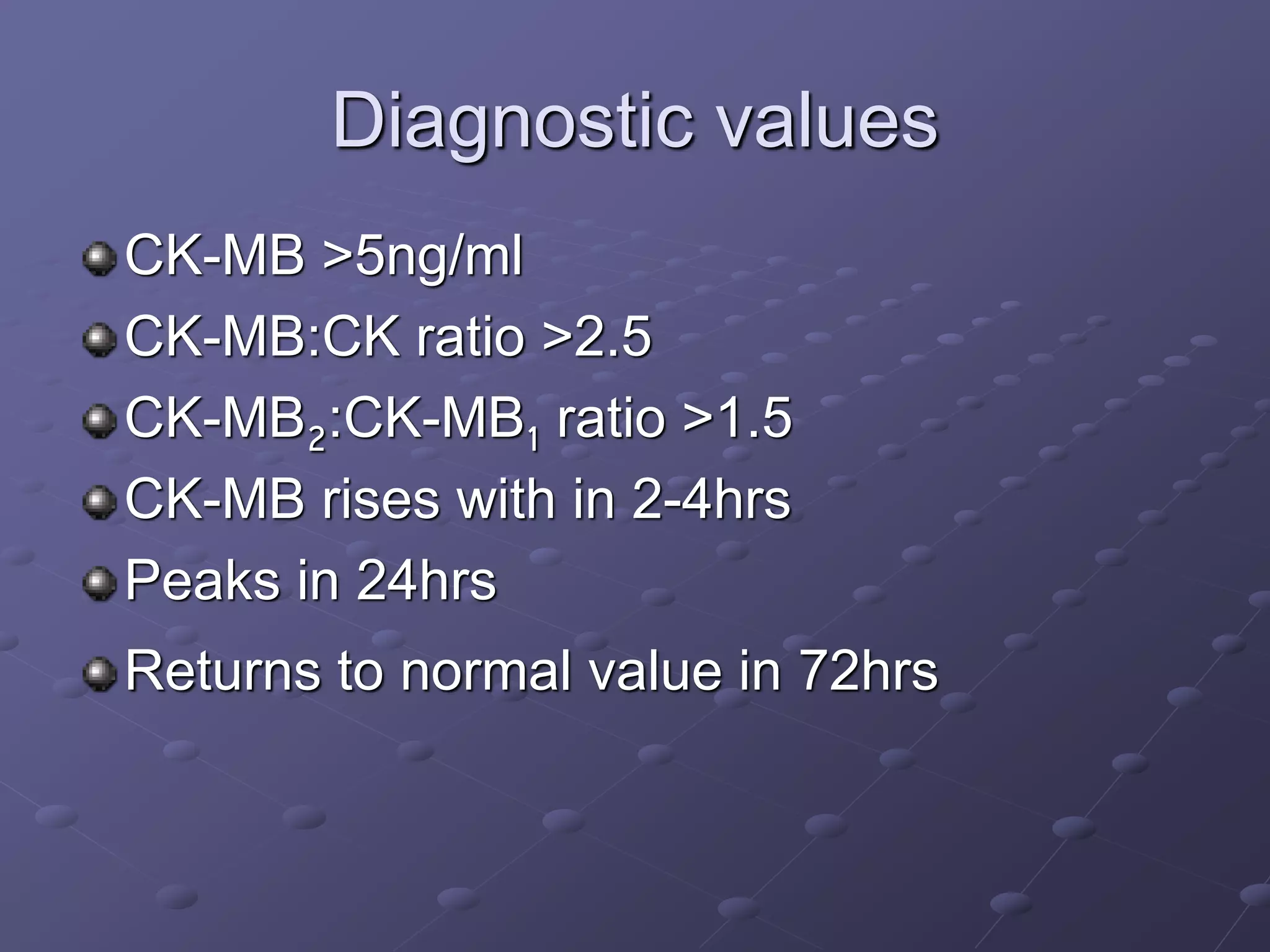 Diagnostic values
CK-MB >5ng/ml
CK-MB:CK ratio >2.5
CK-MB2:CK-MB1 ratio >1.5
CK-MB rises with in 2-4hrs
Peaks in 24hrs
Returns to normal value in 72hrs
 