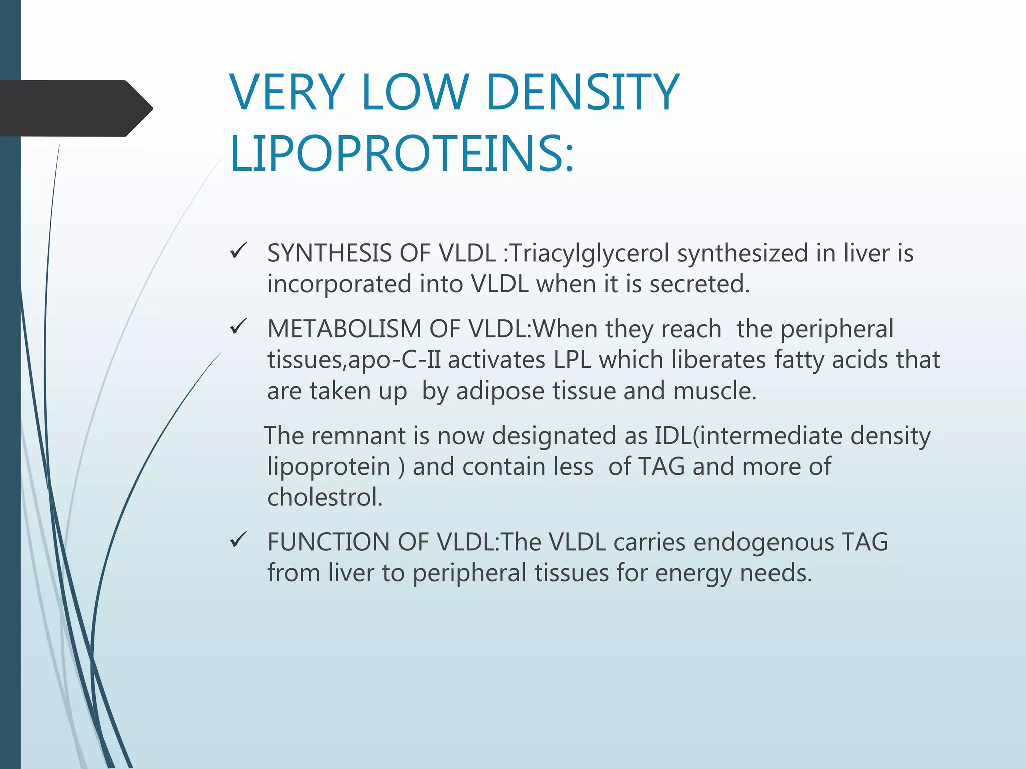 VERY LOW DENSITY
LIPOPROTEINS:
 SYNTHESIS OF VLDL :Triacylglycerol synthesized in liver is
incorporated into VLDL when it is secreted.
 METABOLISM OF VLDL:When they reach the peripheral
tissues,apo-C-II activates LPL which liberates fatty acids that
are taken up by adipose tissue and muscle.
The remnant is now designated as IDL(intermediate density
lipoprotein ) and contain less of TAG and more of
cholestrol.
 FUNCTION OF VLDL:The VLDL carries endogenous TAG
from liver to peripheral tissues for energy needs.
 