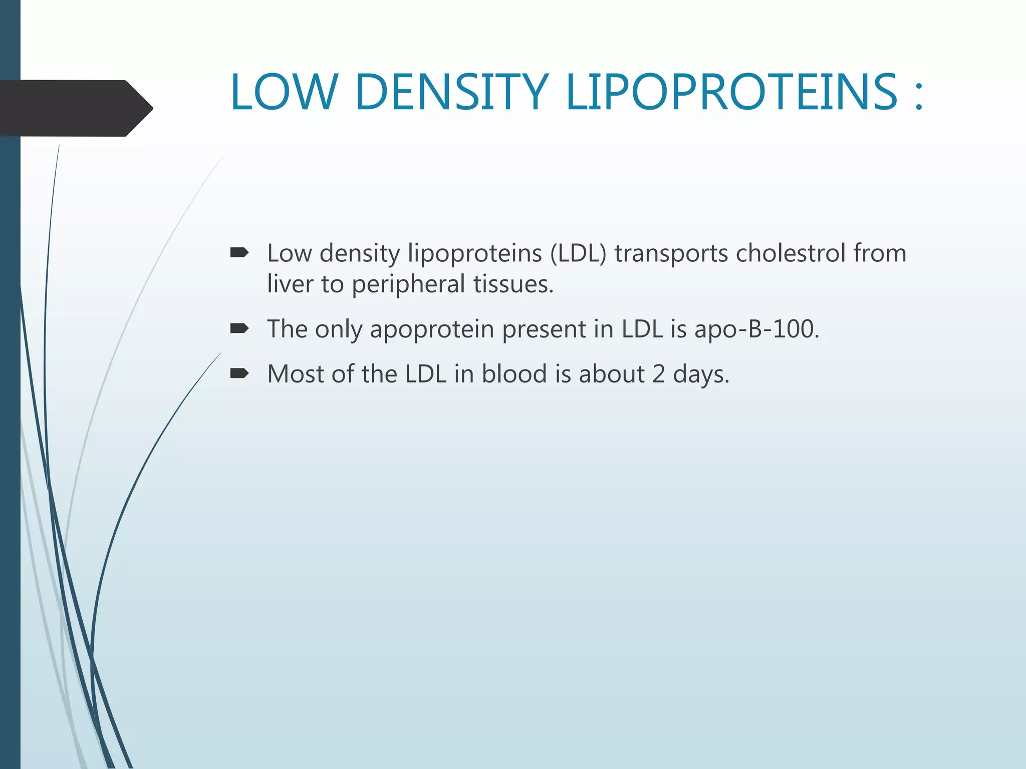 LOW DENSITY LIPOPROTEINS :
 Low density lipoproteins (LDL) transports cholestrol from
liver to peripheral tissues.
 The only apoprotein present in LDL is apo-B-100.
 Most of the LDL in blood is about 2 days.
 