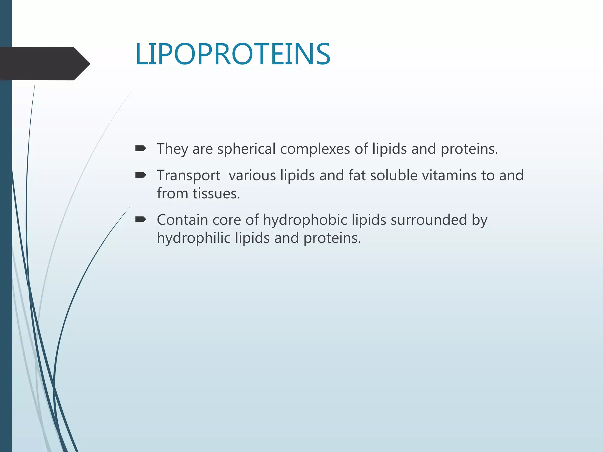 LIPOPROTEINS
 They are spherical complexes of lipids and proteins.
 Transport various lipids and fat soluble vitamins to and
from tissues.
 Contain core of hydrophobic lipids surrounded by
hydrophilic lipids and proteins.
 
