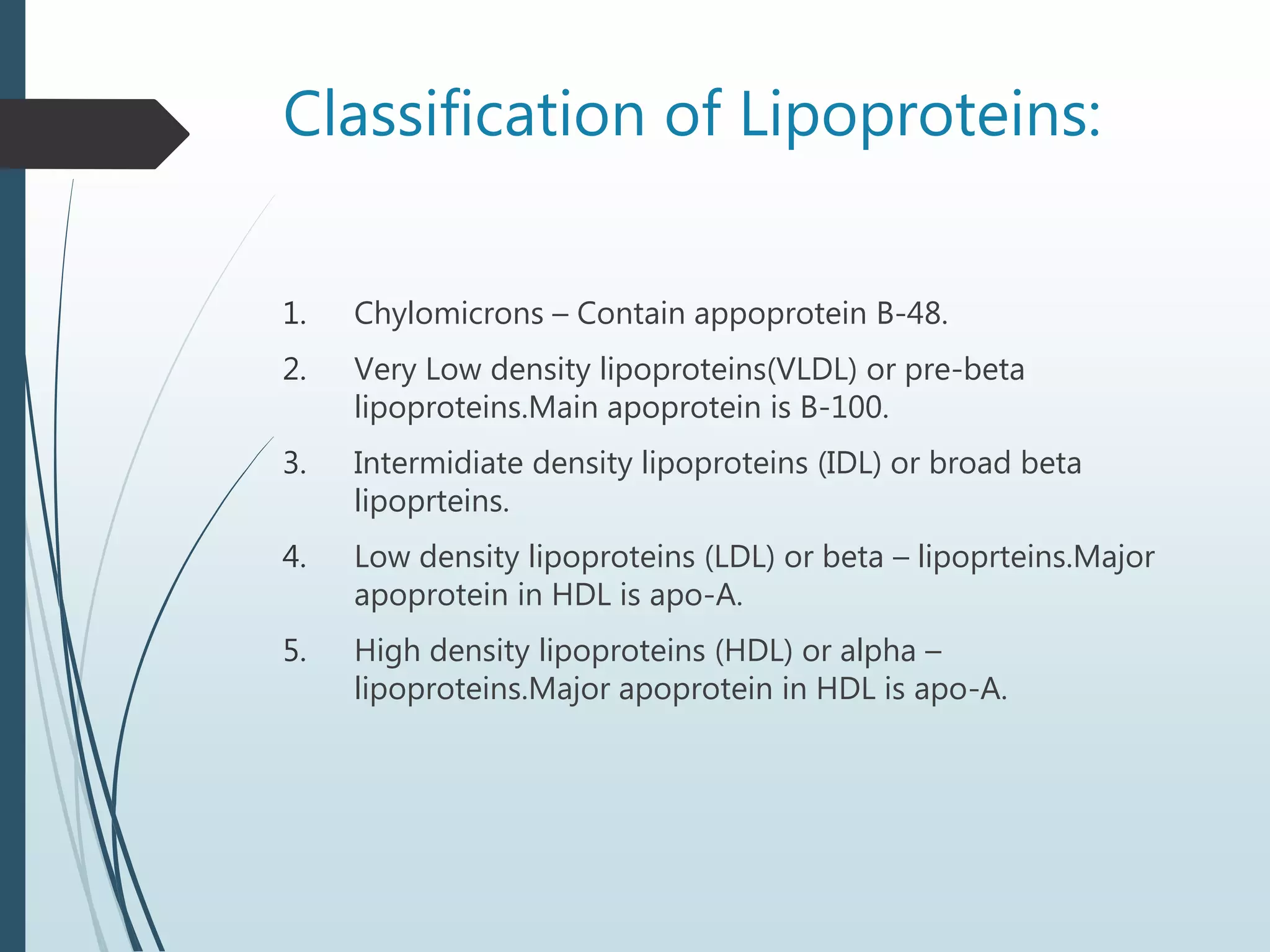 Classification of Lipoproteins:
1. Chylomicrons – Contain appoprotein B-48.
2. Very Low density lipoproteins(VLDL) or pre-beta
lipoproteins.Main apoprotein is B-100.
3. Intermidiate density lipoproteins (IDL) or broad beta
lipoprteins.
4. Low density lipoproteins (LDL) or beta – lipoprteins.Major
apoprotein in HDL is apo-A.
5. High density lipoproteins (HDL) or alpha –
lipoproteins.Major apoprotein in HDL is apo-A.
 