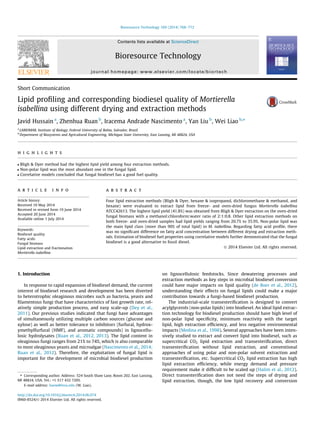 Short Communication 
Lipid profiling and corresponding biodiesel quality of Mortierella 
isabellina using different drying and extraction methods 
Javid Hussain a, Zhenhua Ruan b, Iracema Andrade Nascimento a, Yan Liu b, Wei Liao b,⇑ 
a LABIOMAR, Institute of Biology, Federal University of Bahia, Salvador, Brazil 
b Department of Biosystems and Agricultural Engineering, Michigan State University, East Lansing, MI 48824, USA 
h i g h l i g h t s 
 Bligh  Dyer method had the highest lipid yield among four extraction methods. 
 Non-polar lipid was the most abundant one in the fungal lipid. 
 Correlative models concluded that fungal biodiesel has a good fuel quality. 
a r t i c l e i n f o 
Article history: 
Received 10 May 2014 
Received in revised form 19 June 2014 
Accepted 20 June 2014 
Available online 1 July 2014 
Keywords: 
Biodiesel quality 
Fatty acids 
Fungal biomass 
Lipid extraction and fractionation 
Mortierella isabellina 
a b s t r a c t 
Four lipid extraction methods (Bligh  Dyer, hexane  isopropanol, dichloromethane  methanol, and 
hexane) were evaluated to extract lipid from freeze- and oven-dried fungus Mortierella isabellina 
ATCC42613. The highest lipid yield (41.8%) was obtained from Bligh  Dyer extraction on the oven-dried 
fungal biomass with a methanol:chloroform:water ratio of 2:1:0.8. Other lipid extraction methods on 
both freeze- and oven-dried samples had lipid yields ranging from 20.7% to 35.9%. Non-polar lipid was 
the main lipid class (more than 90% of total lipid) in M. isabellina. Regarding fatty acid profile, there 
was no significant difference on fatty acid concentration between different drying and extraction meth-ods. 
Estimation of biodiesel fuel properties using correlative models further demonstrated that the fungal 
biodiesel is a good alternative to fossil diesel. 
 2014 Elsevier Ltd. All rights reserved. 
1. Introduction 
In response to rapid expansion of biodiesel demand, the current 
interest of biodiesel research and development has been diverted 
to heterotrophic oleaginous microbes such as bacteria, yeasts and 
filamentous fungi that have characteristics of fast growth rate, rel-atively 
simple production process, and easy scale-up (Dey et al., 
2011). Our previous studies indicated that fungi have advantages 
of simultaneously utilizing multiple carbon sources (glucose and 
xylose) as well as better tolerance to inhibitors (furfural, hydrox-ymethylfurfural 
(HMF), and aromatic compounds) in lignocellu-losic 
hydrolysates (Ruan et al., 2012, 2013). The lipid content in 
oleaginous fungi ranges from 21% to 74%, which is also comparable 
to most oleaginous yeasts and microalgae (Nascimento et al., 2014; 
Ruan et al., 2012). Therefore, the exploitation of fungal lipid is 
important for the development of microbial biodiesel production 
on lignocellulosic feedstocks. Since dewatering processes and 
extraction methods as key steps in microbial biodiesel conversion 
could have major impacts on lipid quality (de Boer et al., 2012), 
understanding their effects on fungal lipids could make a major 
contribution towards a fungi-based biodiesel production. 
The industrial-scale transesterification is designed to convert 
acylglycerols (non-polar lipids) into biodiesel. An ideal lipid extrac-tion 
technology for biodiesel production should have high level of 
non-polar lipid specificity, minimum reactivity with the target 
lipid, high extraction efficiency, and less negative environmental 
impacts (Medina et al., 1998). Several approaches have been inten-sively 
studied to extract and convert lipid into biodiesel, such as 
supercritical CO2 lipid extraction and transesterification, direct 
transesterification without lipid extraction, and conventional 
approaches of using polar and non-polar solvent extraction and 
transesterification, etc. Supercritical CO2 lipid extraction has high 
lipid extraction efficiency, while energy demand and pressure 
requirement make it difficult to be scaled up (Halim et al., 2012). 
Direct transesterification does not need the steps of drying and 
lipid extraction, though, the low lipid recovery and conversion 
⇑ Corresponding author. Address: 524 South Shaw Lane, Room 202, East Lansing, 
MI 48824, USA. Tel.: +1 517 432 7205. 
E-mail address: liaow@msu.edu (W. Liao). 
http://dx.doi.org/10.1016/j.biortech.2014.06.074 
0960-8524/ 2014 Elsevier Ltd. All rights reserved. 
Bioresource Technology 169 (2014) 768–772 
Contents lists available at ScienceDirect 
Bioresource Technology 
journal homepage: www.elsevier.com/locate/biortech 
 