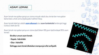 ASAM LEMAK
Asam lemak merupakan penyusun utama minyak nabati atau lemak dan merupakan
bahan baku untuk semua lipida pada makhluk hidup.
Asam lemak tidak lain adalah asam alkanoat atau asam karboksilat berderajat tinggi
(rantai C lebih dari 6).
Asam lemak merupakan penyusun utama lipid (dalam 100 gram lipid terdapat 95% asam
lemak)
Struktur umum asam lemak:
• Kepala : hidrofobik
• Ekor : hidrofilik
Sehingga asam lemak dikatakan mempunyai sifat amfipatik
 