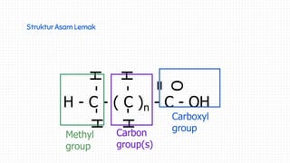 Struktur Asam Lemak
H - C - ( C )n - C - OH-H
-H
-H
-H
=
O
Carboxyl
groupCarbon
group(s)
Methyl
group
 
