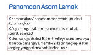 Penamaan Asam Lemak
✘Nomenclature/ penamaan mencerminkan lokasi
ikatan rangkap.
✘Juga menggunakan nama umum (asam oleat, ,
stearat, palmitat)
✘Linoleat juga disebut 18:2 n-6: Artinya asam lemaknya
18 carbon panjangnya, memiliki 2 ikatan rangkap, ikatan
rangkap yang pertama pada karbon no 6.
 