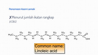 H3C
C
H2
C
H2
C
H2
C
H2
C
H
C
H
C
H2
C
H
C
H
C
H2
C
H2
C
H2
C
H2
C
H2
C
H2
C
H2
C
O
OH
✘Menurut jumlah ikatan rangkap
✗C18:2
Penamaan Asam Lemak
Common name:
Linoleic acid
 