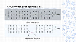 Struktur dan sifat asam lemak :
Asam lemak jenuh
Asam lemak tak jenuh
 