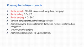 Panjang Rantai Asam Lemak
✘ Rantai pendek : 2 C - 6 C (Asam lemak yang dapat menguap)
✘ Rantai sedang: 8 C – 12 C
✘ Rantai panjang: 14 C – 24 C
✘ Semakin panjang rantai, semakin tinggi titik cair.
✘ Asam lemak yang disintesis tanaman dan hewan memiliki jumlah karbon
yang genap.
✘ Umumnya rantai panjang
✘ Asam lemak dengan 16 C - 18 C paling banyak.
 