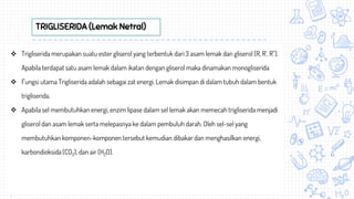 TRIGLISERIDA (Lemak Netral)
 Trigliserida merupakan suatu ester gliserol yang terbentuk dari 3 asam lemak dan gliserol (R, R', R").
Apabila terdapat satu asam lemak dalam ikatan dengan gliserol maka dinamakan monogliserida
 Fungsi utama Trigliserida adalah sebagai zat energi. Lemak disimpan di dalam tubuh dalam bentuk
trigliserida.
 Apabila sel membutuhkan energi, enzim lipase dalam sel lemak akan memecah trigliserida menjadi
gliserol dan asam lemak serta melepasnya ke dalam pembuluh darah. Oleh sel-sel yang
membutuhkan komponen-komponen tersebut kemudian dibakar dan menghasilkan energi,
karbondioksida (CO2), dan air (H2O).
.
 