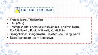JENIS-JENIS LIPIDA UTAMA
• Triasilgliserol/Trigliserida
• Lilin (Wax)
• Fosfogliserida: Fosfatidiletanolalamin, Fosfatidilkolin,
Fosfatidilserin, Fosfatidilinosit, Kardiolipin
• Spingolipida: Spingomielin, Serebrosida, Gangliosida
• Sterol dan ester asam lemaknya
 