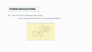 STEROID DAN KOLESTEROL
✘ Terdiri dari 4 cincin hidrokarbon yang menyatu:
3 cincin mempunyai 5 karbon dan 1 cincin mempunyai 6 karbon
 