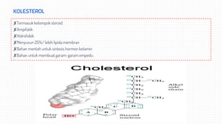 KOLESTEROL
✘Termasuk kelompok steroid
✘Ampifatik
✘Hidrofobik
✘Menyusun 25%/ lebih lipida membran
✘Bahan mentah untuk sintesis hormon kelamin
✘Bahan untuk membuat garam-garam empedu.
 