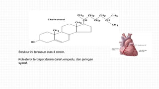 Struktur ini tersusun atas 4 cincin.
Kolesterol terdapat dalam darah,empedu, dan jaringan
syaraf.
 