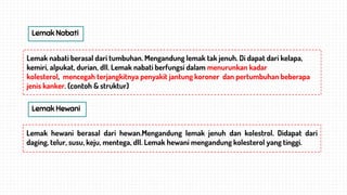 Lemak nabati berasal dari tumbuhan. Mengandung lemak tak jenuh. Di dapat dari kelapa,
kemiri, alpukat, durian, dll. Lemak nabati berfungsi dalam menurunkan kadar
kolesterol, mencegah terjangkitnya penyakit jantung koroner dan pertumbuhan beberapa
jenis kanker. (contoh & struktur)
Lemak Nabati
Lemak Hewani
Lemak hewani berasal dari hewan.Mengandung lemak jenuh dan kolestrol. Didapat dari
daging, telur, susu, keju, mentega, dll. Lemak hewani mengandung kolesterol yang tinggi.
 