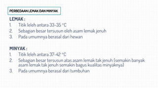 PERBEDAAN LEMAK DAN MINYAK
LEMAK :
1. Titik leleh antara 33-35 C
2. Sebagian besar tersusun oleh asam lemak jenuh
3. Pada umumnya berasal dari hewan
MINYAK :
1. Titik leleh antara 37-42 C
2. Sebagian besar tersusun atas asam lemak tak jenuh (semakin banyak
asam lemak tak jenuh semakin bagus kualitas minyaknya)
3. Pada umumnya berasal dari tumbuhan
 