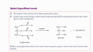 Reaksi Saponifikasi Lemak
✘ Merupakan reaksi sintesis kimia dalam pembuatan sabun
✘ Disebut juga reaksi hidrolisis alkali (reaksi trigliserida dg NaOH) menghasilkan gliserol dan sabun
(garam asam karboksilat)
✘Sabun yang digunakan sehari-hari mrpk campuran garam-garam natrium dari asam lemak rantai
panjang
H2C
HC
H2C
OH
OH
OH
+
H2C
HC
H2C
O
O
O
C
C
C
O
O
O
R
R
R
Trigliserida
NaOH
3 RCOO-
Na+
gliserol
Sabun
 