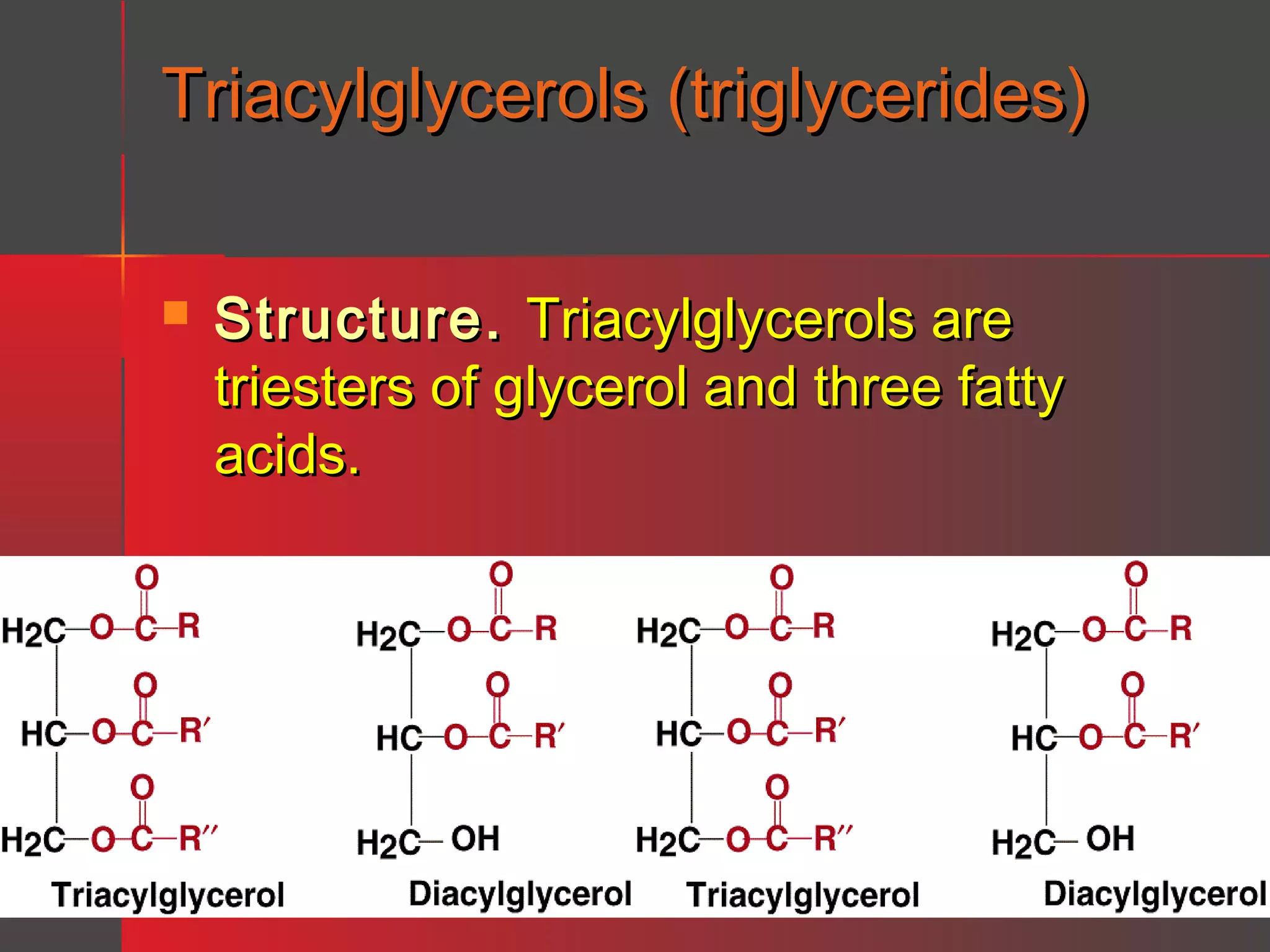 Triacylglycerols (triglycerides)


Structure. Triacylglycerols are
triesters of glycerol and three fatty
acids.

 