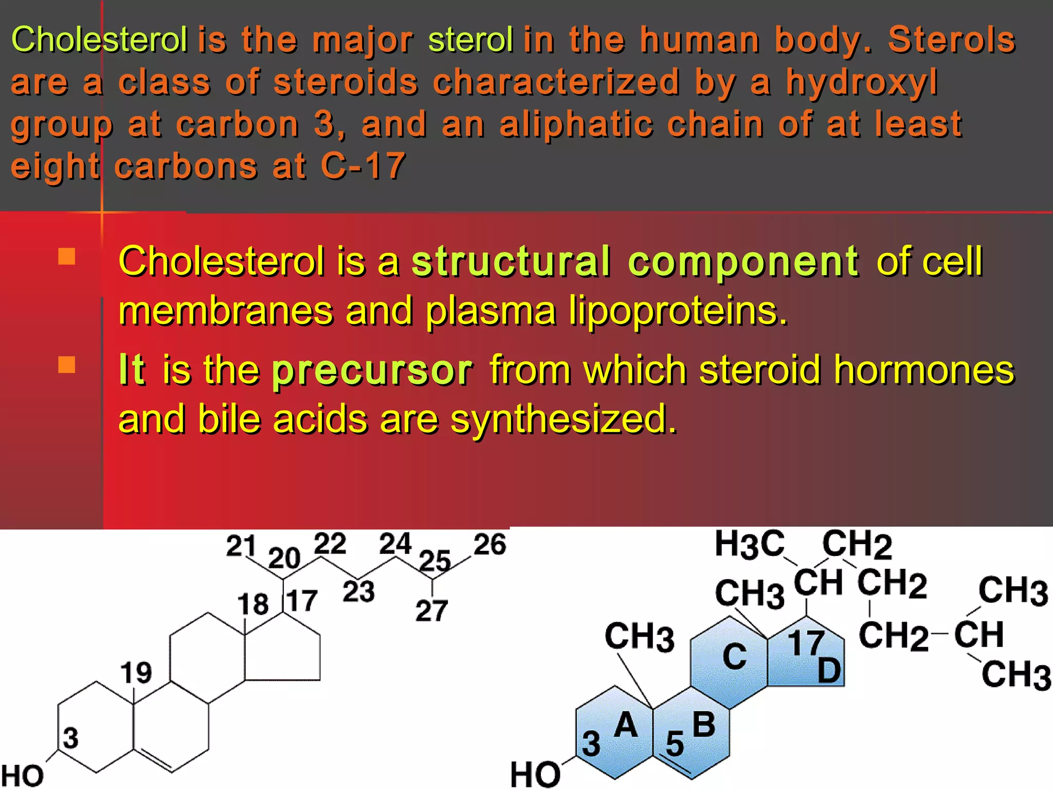 Cholesterol is the major sterol in the human body. Sterols
are a class of steroids characterized by a hydroxyl
group at carbon 3, and an aliphatic chain of at least
eight carbons at C-17




Cholesterol is a structural component of cell
membranes and plasma lipoproteins.
It is the precursor from which steroid hormones
and bile acids are synthesized.

 