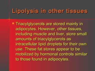 Lipolysis in other tissues


Triacylglycerols are stored mainly in
adipocytes. However, other tissues,
including muscle and liver, store small
amounts of triacylglycerols as
intracellular lipid droplets for their own
use. These fat stores appear to be
mobilized by hormonal controls similar
to those found in adipocytes.

 