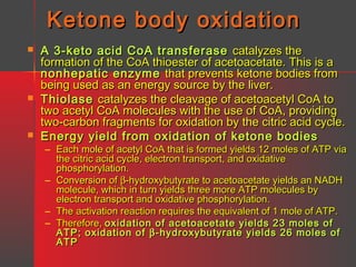 Ketone body oxidation






A 3-keto acid CoA transferase catalyzes the
formation of the CoA thioester of acetoacetate. This is a
nonhepatic enzyme that prevents ketone bodies from
being used as an energy source by the liver.
Thiolase catalyzes the cleavage of acetoacetyl CoA to
two acetyl CoA molecules with the use of CoA, providing
two-carbon fragments for oxidation by the citric acid cycle.
Energy yield from oxidation of ketone bodies

– Each mole of acetyl CoA that is formed yields 12 moles of ATP via
the citric acid cycle, electron transport, and oxidative
phosphorylation.
– Conversion of β-hydroxybutyrate to acetoacetate yields an NADH
molecule, which in turn yields three more ATP molecules by
electron transport and oxidative phosphorylation.
– The activation reaction requires the equivalent of 1 mole of ATP.
– Therefore, oxidation of acetoacetate yields 23 moles of
ATP; oxidation of β -hydroxybutyrate yields 26 moles of
ATP

 