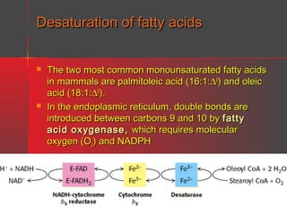 Desaturation of fatty acids




The two most common monounsaturated fatty acids
in mammals are palmitoleic acid (16:1:∆9) and oleic
acid (18:1:∆9).
In the endoplasmic reticulum, double bonds are
introduced between carbons 9 and 10 by fatty
acid oxygenase , which requires molecular
oxygen (O2) and NADPH

 