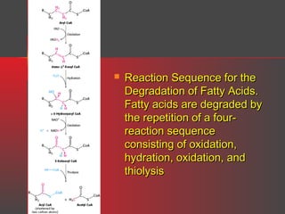 

Reaction Sequence for the
Degradation of Fatty Acids.
Fatty acids are degraded by
the repetition of a fourreaction sequence
consisting of oxidation,
hydration, oxidation, and
thiolysis

 