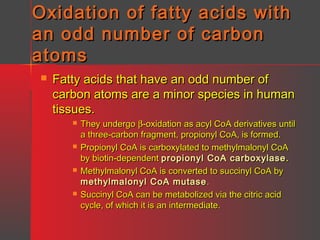 Oxidation of fatty acids with
an odd number of carbon
atoms


Fatty acids that have an odd number of
carbon atoms are a minor species in human
tissues.








They undergo β-oxidation as acyl CoA derivatives until
a three-carbon fragment, propionyl CoA, is formed.
Propionyl CoA is carboxylated to methylmalonyl CoA
by biotin-dependent propionyl CoA carboxylase .
Methylmalonyl CoA is converted to succinyl CoA by
methylmalonyl CoA mutase .
Succinyl CoA can be metabolized via the citric acid
cycle, of which it is an intermediate.

 