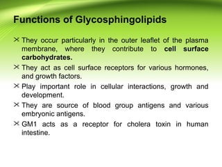 Functions of Glycosphingolipids
 They occur particularly in the outer leaflet of the plasma
membrane, where they contribute to cell surface
carbohydrates.
 They act as cell surface receptors for various hormones,
and growth factors.
 Play important role in cellular interactions, growth and
development.
 They are source of blood group antigens and various
embryonic antigens.
 GM1 acts as a receptor for cholera toxin in human
intestine.
 