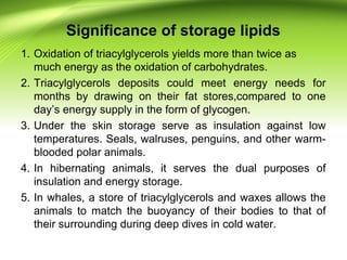 Significance of storage lipids
1. Oxidation of triacylglycerols yields more than twice as
much energy as the oxidation of carbohydrates.
2. Triacylglycerols deposits could meet energy needs for
months by drawing on their fat stores,compared to one
day’s energy supply in the form of glycogen.
3. Under the skin storage serve as insulation against low
temperatures. Seals, walruses, penguins, and other warm-
blooded polar animals.
4. In hibernating animals, it serves the dual purposes of
insulation and energy storage.
5. In whales, a store of triacylglycerols and waxes allows the
animals to match the buoyancy of their bodies to that of
their surrounding during deep dives in cold water.
 
