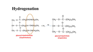 2.Hydrolysis
CH O
CH2
CH OH
CH2 OH
OHCH2 O
HO C (CH2)14CH3
H2O
In hydrolysis,
• triacylglycerols split into glycerol and t...