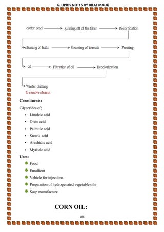 6. LIPIDS NOTES BY BILAL MALIK
186
Constituents:
Glycerides of;
• Linoleic acid
• Oleic acid
• Palmitic acid
• Stearic acid
• Arachidic acid
• Myristic acid
Uses:
Food
Emollient
Vehicle for injections
Preparation of hydrogenated vegetable oils
Soap manufacture
CORN OIL:
 