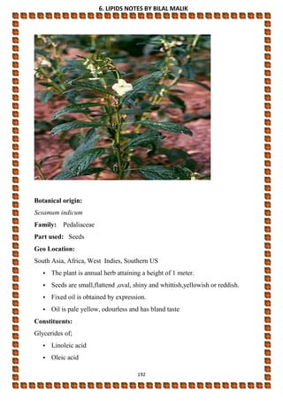 6. LIPIDS NOTES BY BILAL MALIK
192
Botanical origin:
Sesamum indicum
Family: Pedaliaceae
Part used: Seeds
Geo Location:
South Asia, Africa, West Indies, Southern US
• The plant is annual herb attaining a height of 1 meter.
• Seeds are small,flattend ,oval, shiny and whittish,yellowish or reddish.
• Fixed oil is obtained by expression.
• Oil is pale yellow, odourless and has bland taste
Constituents:
Glycerides of;
• Linoleic acid
• Oleic acid
 