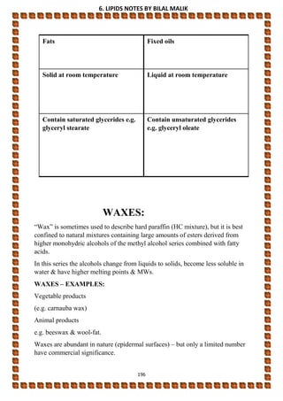 6. LIPIDS NOTES BY BILAL MALIK
196
Fixed oils
Fats
Liquid at room temperature
Solid at room temperature
Contain unsaturated glycerides
e.g. glyceryl oleate
Contain saturated glycerides e.g.
glyceryl stearate
WAXES:
“Wax” is sometimes used to describe hard paraffin (HC mixture), but it is best
confined to natural mixtures containing large amounts of esters derived from
higher monohydric alcohols of the methyl alcohol series combined with fatty
acids.
In this series the alcohols change from liquids to solids, become less soluble in
water & have higher melting points & MWs.
WAXES – EXAMPLES:
Vegetable products
(e.g. carnauba wax)
Animal products
e.g. beeswax & wool-fat.
Waxes are abundant in nature (epidermal surfaces) – but only a limited number
have commercial significance.
 