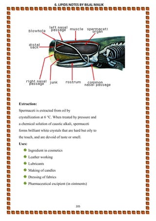 6. LIPIDS NOTES BY BILAL MALIK
205
Extraction:
Spermaceti is extracted from oil by
crystallization at 6 °C. When treated by pressure and
a chemical solution of caustic alkali, spermaceti
forms brilliant white crystals that are hard but oily to
the touch, and are devoid of taste or smell.
Uses:
Ingredient in cosmetics
Leather working
Lubricants
Making of candles
Dressing of fabrics
Pharmaceutical excipient (in ointments)
 