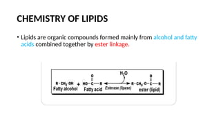 CHEMISTRY OF LIPIDS
• Lipids are organic compounds formed mainly from alcohol and fatty
acids combined together by ester linkage.
 
