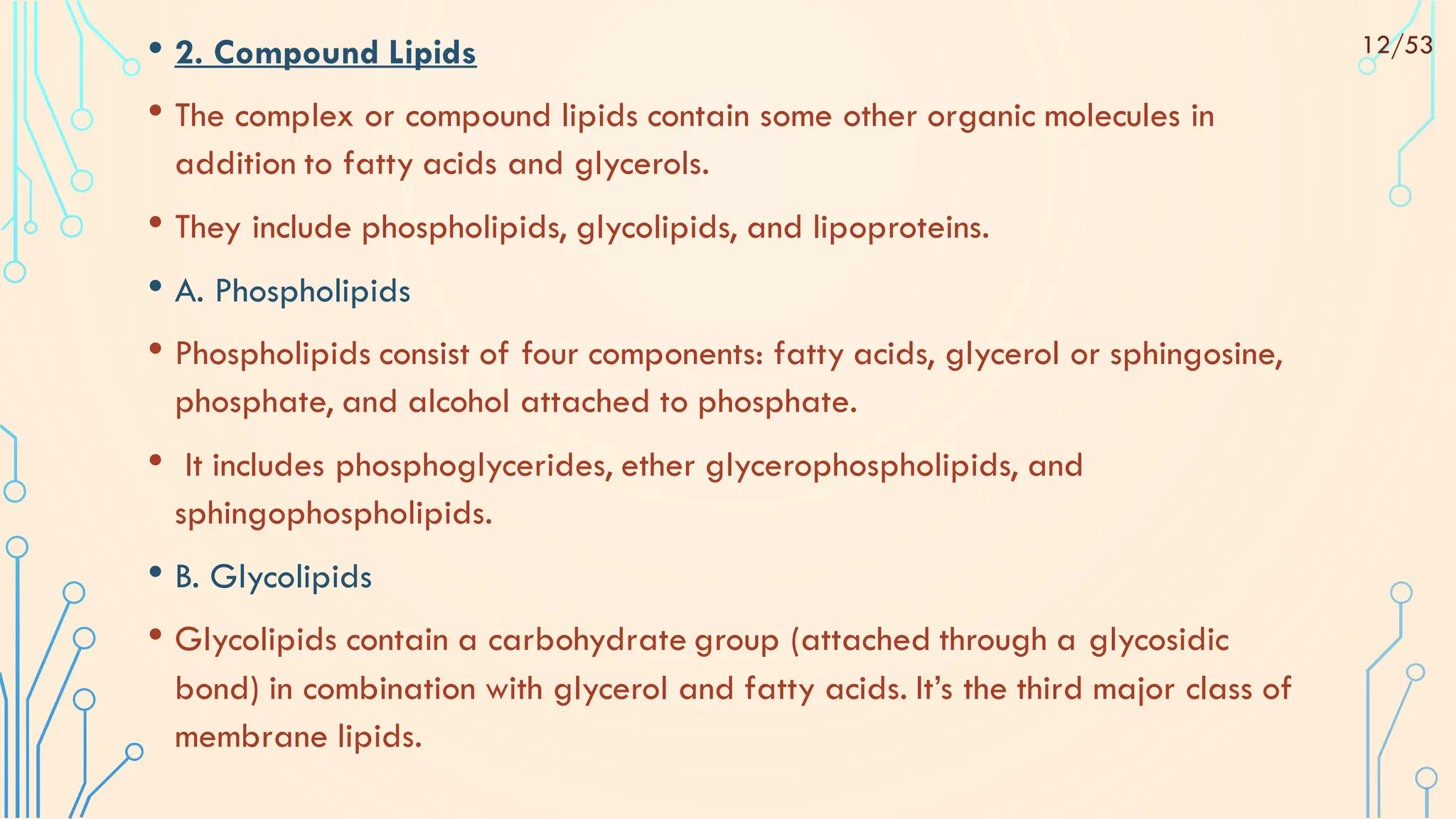 • 2. Compound Lipids
• The complex or compound lipids contain some other organic molecules in
addition to fatty acids and glycerols.
• They include phospholipids, glycolipids, and lipoproteins.
• A. Phospholipids
• Phospholipids consist of four components: fatty acids, glycerol or sphingosine,
phosphate, and alcohol attached to phosphate.
• It includes phosphoglycerides, ether glycerophospholipids, and
sphingophospholipids.
• B. Glycolipids
• Glycolipids contain a carbohydrate group (attached through a glycosidic
bond) in combination with glycerol and fatty acids. It’s the third major class of
membrane lipids.
12/53
 