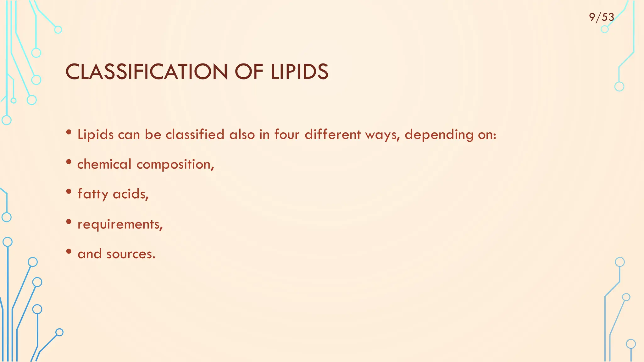 CLASSIFICATION OF LIPIDS
• Lipids can be classified also in four different ways, depending on:
• chemical composition,
• fatty acids,
• requirements,
• and sources.
9/53
 