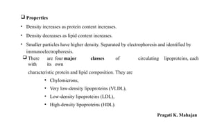  Properties
• Density increases as protein content increases.
• Density decreases as lipid content increases.
• Smaller particles have higher density. Separated by electrophoresis and identified by
immunoelectrophoresis.
 There are four major classes of circulating lipoproteins, each
with its own
characteristic protein and lipid composition. They are
• Chylomicrons,
• Very low-density lipoproteins (VLDL),
• Low-density lipoproteins (LDL),
• High-density lipoproteins (HDL).
Pragati K. Mahajan
 