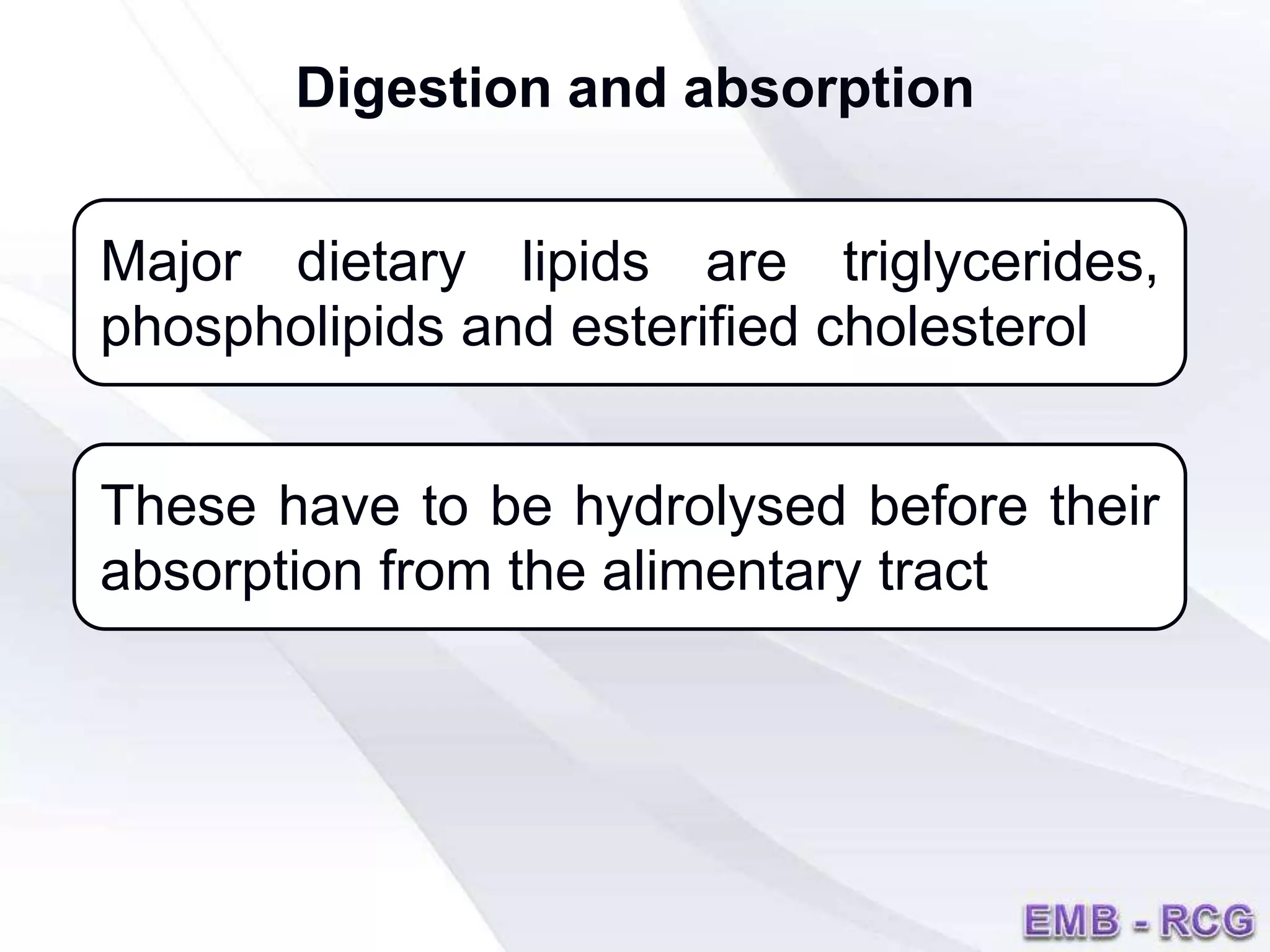 Major dietary lipids are triglycerides,
phospholipids and esterified cholesterol
These have to be hydrolysed before their
absorption from the alimentary tract
Digestion and absorption
 