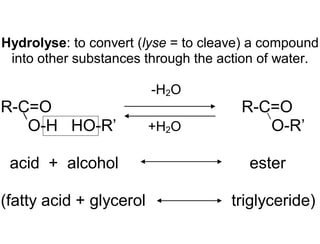 Hydrolyse: to convert (lyse = to cleave) a compound
into other substances through the action of water.
-H2O
R-C=O R-C=O
O-H HO-R’ +H2O O-R’
acid + alcohol ester
(fatty acid + glycerol triglyceride)
 