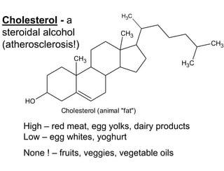 CH3
CH3
O
H
C
H3
CH3
C
H3
Cholesterol (animal "fat")
Cholesterol - a
steroidal alcohol
(atherosclerosis!)
High – red meat, egg yolks, dairy products
Low – egg whites, yoghurt
None ! – fruits, veggies, vegetable oils
 