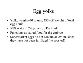 Egg yolks
• Yolk; weighs~20 grams; 33% of weight of total
egg liquid
• 50% water, 16% protein, 34% lipid
• Functions as stored food for the embryo
• Supermarket eggs do not contain an ovum, since
they have not been fertilized (no rooster!)
 
