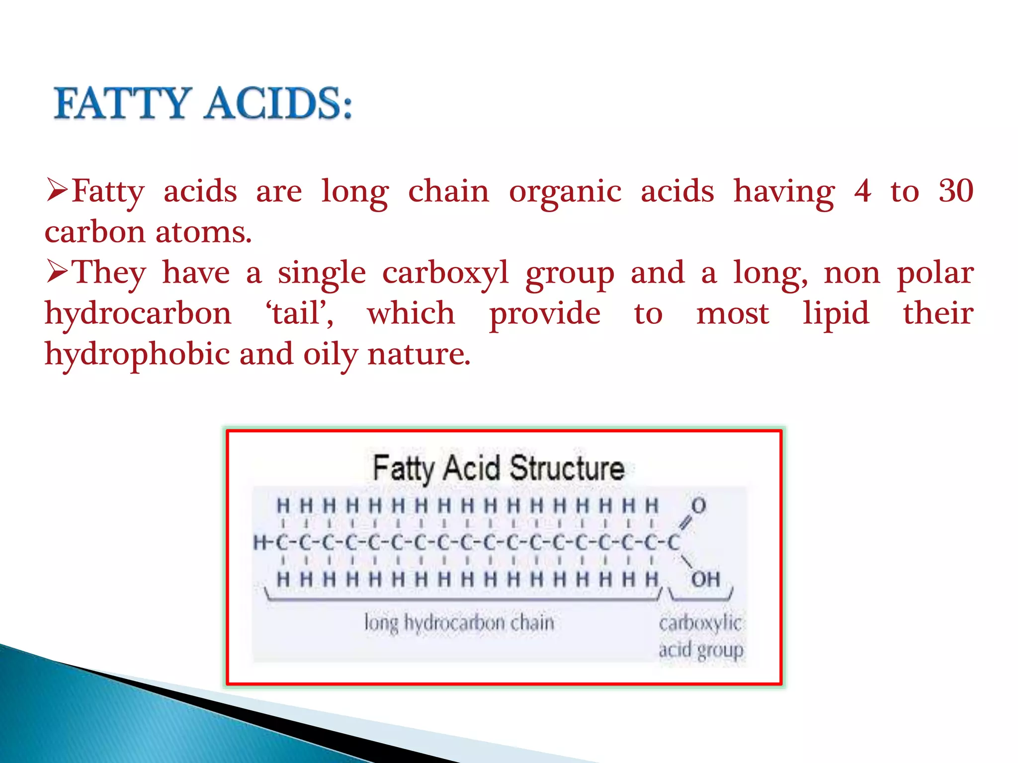 Fatty acids are long chain organic acids having 4 to 30
carbon atoms.
They have a single carboxyl group and a long, non polar
hydrocarbon ‘tail’, which provide to most lipid their
hydrophobic and oily nature.
 