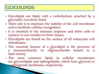  Glycolipids are lipids with a carbohydrate attached by a
glycosidic (covalent) bond.
 Their role is to maintain the stability of the cell membrane
and to facilitate cellular recognition.
 It is essential to the immune response and allow cells to
connect to one another to form tissues.
 Glycolipids are found on the surface of all eukaryotic cell
membranes.
 The essential feature of a glycolipid is the presence of
a monosaccharide or oligosaccharide bound to a
lipid moiety.
 The most common lipids in cellular membranes
are glycerolipids and sphingolipids, which have glycerol or
a sphingosine backbones, respectively.
 