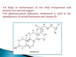 It helps in maintenance of our body temperature and
protects our internal organs.
In pharmaceutical industries, cholesterol is used in the
manufacture of steroid hormones and vitamin D.
 