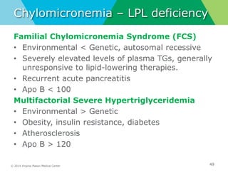 © 2014 Virginia Mason Medical Center
Chylomicronemia – LPL deficiency
Familial Chylomicronemia Syndrome (FCS)
• Environmental < Genetic, autosomal recessive
• Severely elevated levels of plasma TGs, generally
unresponsive to lipid-lowering therapies.
• Recurrent acute pancreatitis
• Apo B < 100
Multifactorial Severe Hypertriglyceridemia
• Environmental > Genetic
• Obesity, insulin resistance, diabetes
• Atherosclerosis
• Apo B > 120
49
 